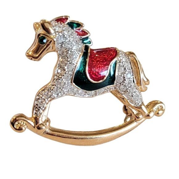 Roman Red And Green Enamel Clear Rhinestone Rocking Horse Brooch, Signed M135 - Picture 1 of 8